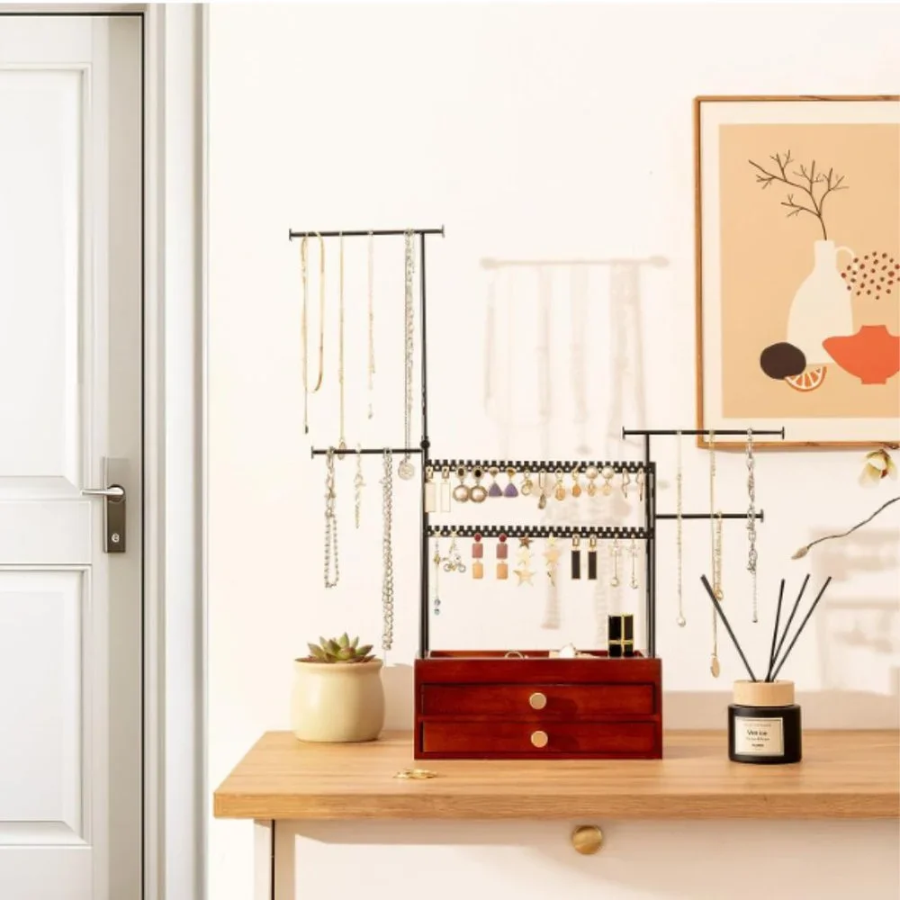 5-Tier Jewelry Stand - Earring Holders - Necklace Towers + 2 Wooden Drawers